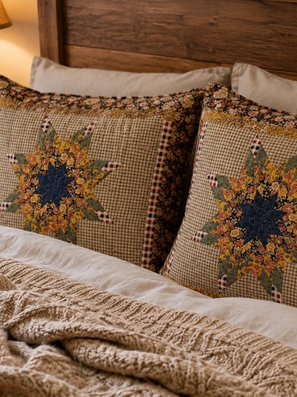 2-Quilted Star Shams in Beige and Yellow